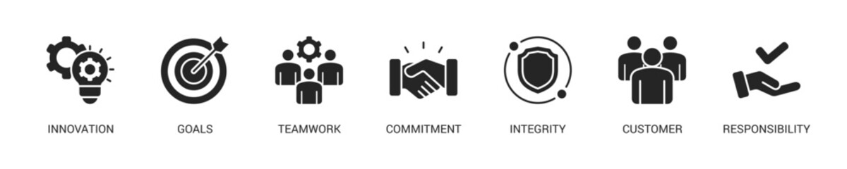 Core Values Glyph Icon Set For Web Banner. Vector Illustration Concept With Some Icons. Designed In Glyph Style