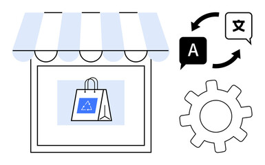 Shopping bag with recycling emblem displayed in storefront, translation speech bubbles, gear icon for customization. Ideal for sustainability, e-commerce, localization, global outreach