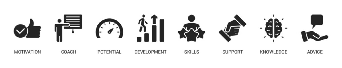 Coaching Glyph Icon Set For Web Banner. Vector Illustration Concept With Some Icons. Designed In Glyph Style