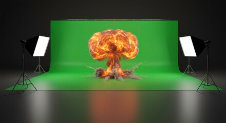 Powerful nuclear explosion on green screen with studio lighting setup for visual effects