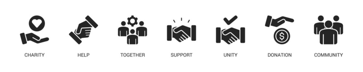 Volunteering Glyph Icon Set For Web Banner. Vector Illustration Concept With Some Icons. Designed In Glyph Style