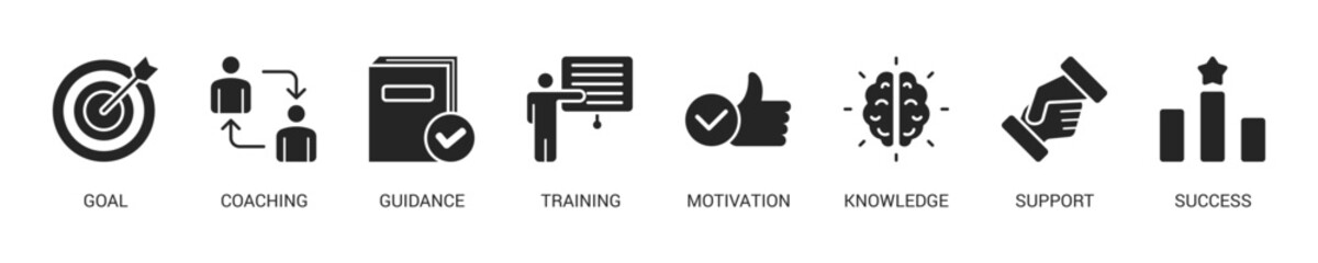 Mentoring Glyph Icon Set For Web Banner. Vector Illustration Concept With Some Icons. Designed In Glyph Style