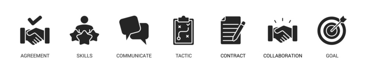 Negotiation Glyph Icon Set For Web Banner. Vector Illustration Concept With Some Icons. Designed In Glyph Style