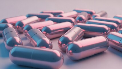 Close-up of Shiny Pink and Blue Capsules on White Surface.