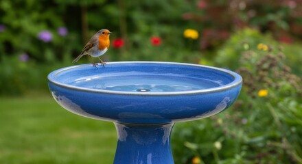 Robin perched gracefully on a blue bird bath in a lush garden setting showcasing nature's beauty
