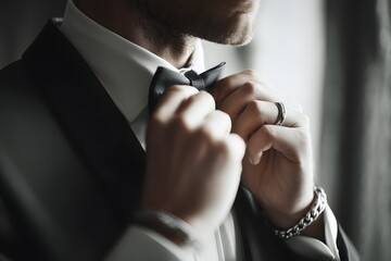 Man adjusts a black bow tie while getting ready for a special occasion