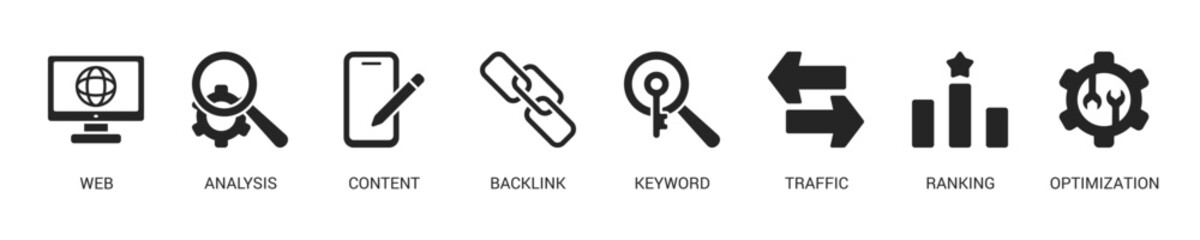 Seo Glyph Icon Set For Web Banner. Vector Illustration Concept With Some Icons. Designed In Glyph Style