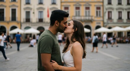 Romantic couple sharing a tender kiss in a bustling european town square expressing love
