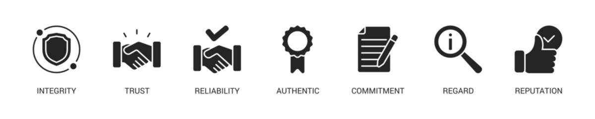 Credibility Glyph Icon Set For Web Banner. Vector Illustration Concept With Some Icons. Designed In Glyph Style