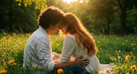 Romantic embrace in a flower meadow: A young couple sharing a tender moment bathed in sunlight in