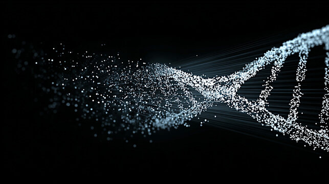 DNA helix transforming into digital lines, symbolizing human progress and innovation, showcasing the evolution of science and technology in a visually striking manner