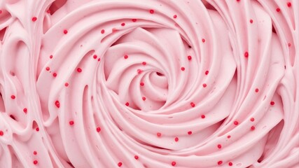 Close-up of Swirled Pink Frosting with Red Sprinkles.