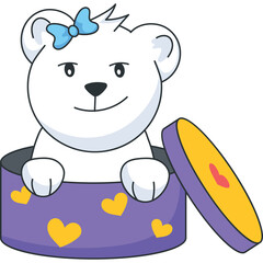 Adorable White Cartoon Bear With Blue Bow Peeking Out Of A Purple Heart Decorated Gift Box With Yellow Hearts And A Purple Lid Isolated On White