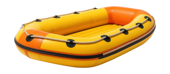 Inflatable rescue boat featuring grab lines and bright, visible colors.