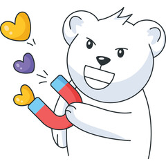 Cute Cartoon Polar Bear Holding a Horseshoe Magnet Attracting Hearts in a Playful Manner with a Transparent Background