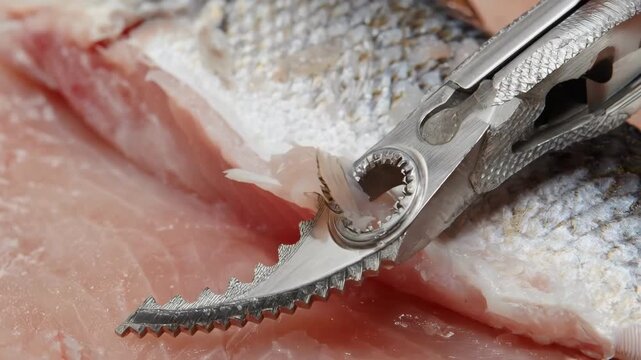 Closeup of specialized pin bone removal tool gripping fish bones precisely from fresh fillet highlighting meticulous extraction for culinary preparation.