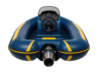Inflatable jet boat featuring built-in jet propulsion and control console.