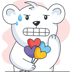 Anxious cartoon polar bear holding colorful heart-shaped lollipops on a transparent background with a sweat drop and clenched teeth conveying worry and nervousness