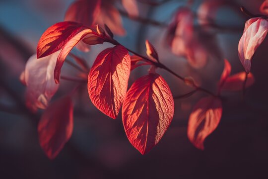 Crimson leaves on tree branches glow in the sunlight during golden hour - Powered by Adobe
