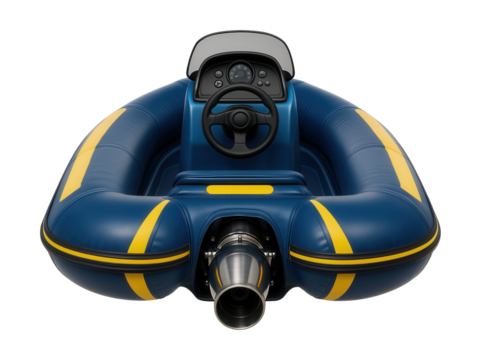 Inflatable jet boat featuring built-in jet propulsion and control console.