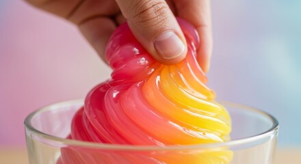 Sensory Fun: A Close-Up of a Hand Squeezing Swirls of Pink and Yellow Slime in a Glass