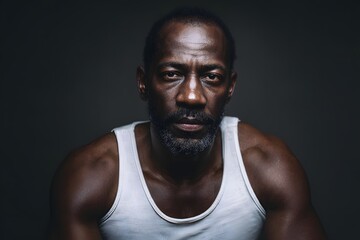 Intense portrait of a serious african american man in a white tank top