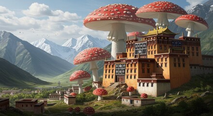 Surreal Himalayan Landscape with Traditional Architecture and Giant Mushroom Structures