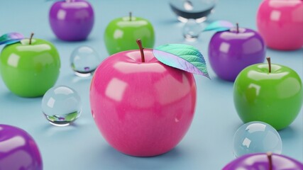 Colorful Apples and Glass Spheres on Blue Surface.