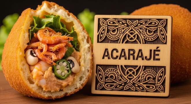 Acaraj&eacute; with Filling Visible &ndash; Sacred Brazilian Black-Eyed Pea Fritter, Baobab Wood Plaque & Candombl&eacute; Veve Motifs, Cultural Lighting Photography