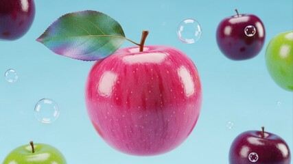Colorful Apples Floating in a Blue Sky with Bubbles.