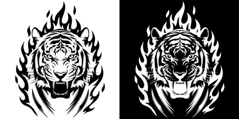 Fierce Tiger Head with Fire Outline – Black and White Wild Animal Tattoo Style Illustration