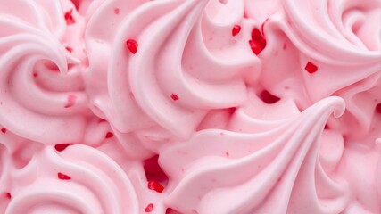 Close-up of vibrant pink meringue swirls with tiny red sprinkles, a sweet dessert texture.