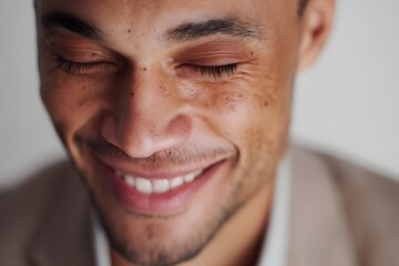 Close up of a man smiling with his eyes closed, showing his teeth