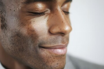 Obraz premium Thoughtful dark skinned man closes his eyes in contemplation indoors