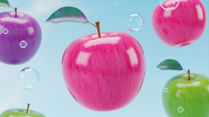Colorful Apples Floating in Air with Water Droplets.