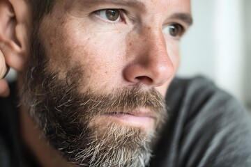 Obraz premium Thoughtful man gazes off into the distance with furrowed brow and contemplative expression