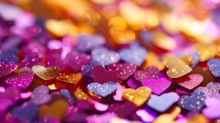Colorful heart shaped confetti background. Pink and gold glitter hearts for a romantic valentine's day celebration. Abstract festive wallpaper with bokeh lights