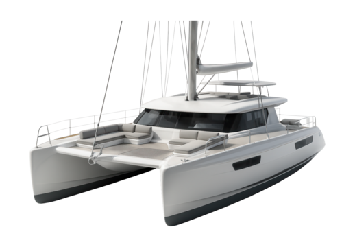 Dual-hull catamaran featuring spacious open deck areas.