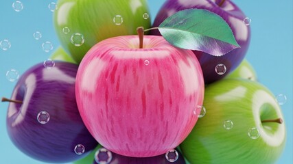 Colorful Apples Stacked with Water Droplets on Blue Background.