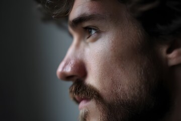 Obraz premium Contemplative man gazes into the distance with furrowed brow, side profile shot
