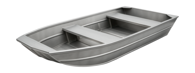 Aluminum flat-deck jon boat with bench seating.