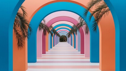 Colorful Archway Perspective with Palm Trees - A Vibrant Architectural Wonder.
