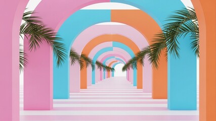Colorful Archway with Palm Trees - A Vibrant Tropical Escape.