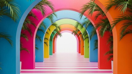 Colorful Archway with Palm Trees - A Vibrant Architectural Perspective.