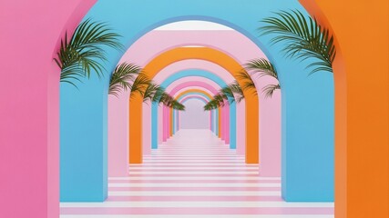 Colorful Archway with Palm Trees - A Vibrant Tropical Escape.