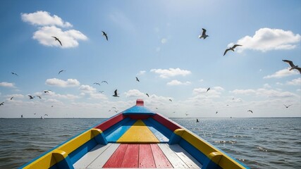 Colorful Boat on Calm Water with Birds Flying Under a Blue Sky.