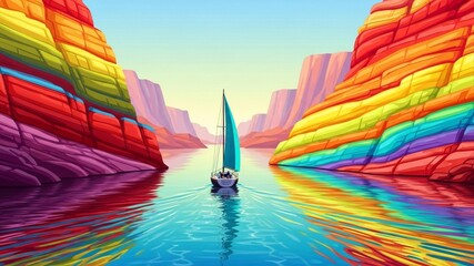 Colorful Canyon Voyage - A Sailboat Journey Through Vibrant Waters.