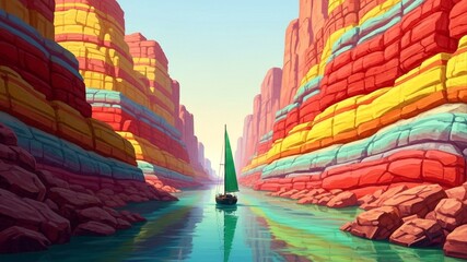 Colorful Canyon River Adventure - A Sailboat Journey Through Striated Cliffs.