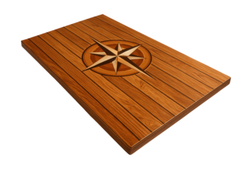 Teak flooring featuring an inlaid compass rose design in the main cabin.