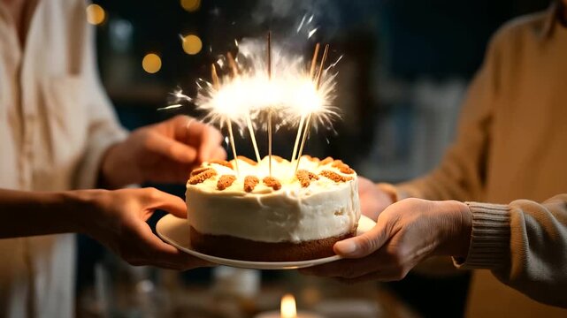 Hands holding birthday cake with sparkler candles faces completely not shown celebration moment birthday dessert festive cake sparkler candles glowing party surprise